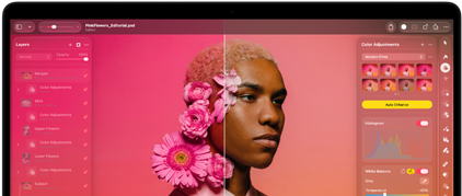Pantalla de una MacBook Pro con la foto de una persona siendo editada en Pixelmator Pro