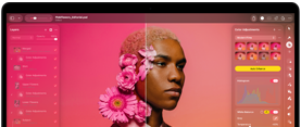 Pantalla de una MacBook Pro con la foto de una persona siendo editada en Pixelmator Pro