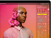 Pantalla de una MacBook Pro con la foto de una persona siendo editada en Pixelmator Pro