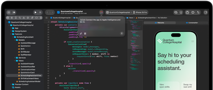 MacBook Pro, Xcode, un editor de código muestra el siguiente comentario: "Conecta la app a Apple Intelligence", vista previa de un iPhone, app Quantum College Hospital, el texto dice: "Dile hola a tu asistente de programación", botones: Ver turnos disponibles, Cambiar mi próximo turno