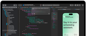 MacBook Pro, Xcode, un editor de código muestra el siguiente comentario: "Conecta la app a Apple Intelligence", vista previa de un iPhone, app Quantum College Hospital, el texto dice: "Dile hola a tu asistente de programación", botones: Ver turnos disponibles, Cambiar mi próximo turno