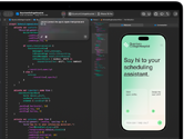 MacBook Pro, Xcode, un editor de código muestra el siguiente comentario: "Conecta la app a Apple Intelligence", vista previa de un iPhone, app Quantum College Hospital, el texto dice: "Dile hola a tu asistente de programación", botones: Ver turnos disponibles, Cambiar mi próximo turno