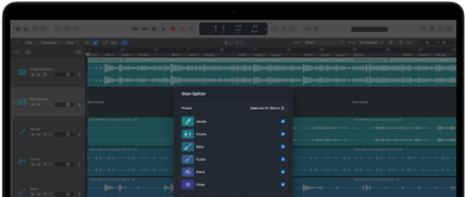 MacBook Pro, Logic Pro, pistas de ondas, panel Stem Splitter, categorías: voces, batería, bajo, otros, cada una con una onda de audio independiente