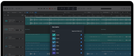 MacBook Pro, Logic Pro, pistas de ondas, panel Stem Splitter, categorías: voces, batería, bajo, otros, cada una con una onda de audio independiente