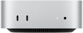 Vista de los puertos en la parte delantera de una Mac mini color plata