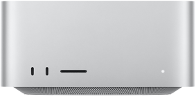 Mac Studio, parte frontal, dos puertos USB‑C, ranura para tarjeta SDXC, luz indicadora de estado, base cónica en la parte inferior, superficie plana en la parte superior, lados redondeados, bordes rectos, color plata