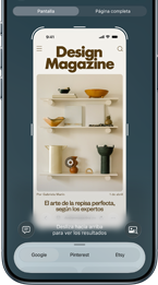 iPhone Air, frente, la pantalla muestra un sitio web con la foto de un mueble identificado con Inteligencia Visual