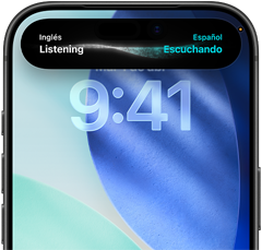 iPhone 17 Pro, frente, se destaca la interfaz de la Dynamic Island con una traducción de inglés a alemán