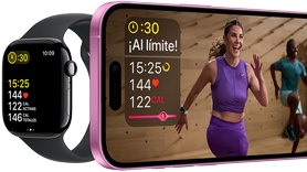 Datos de entrenamiento en un Apple&nbsp;Watch Series&nbsp;10 y un iPhone.